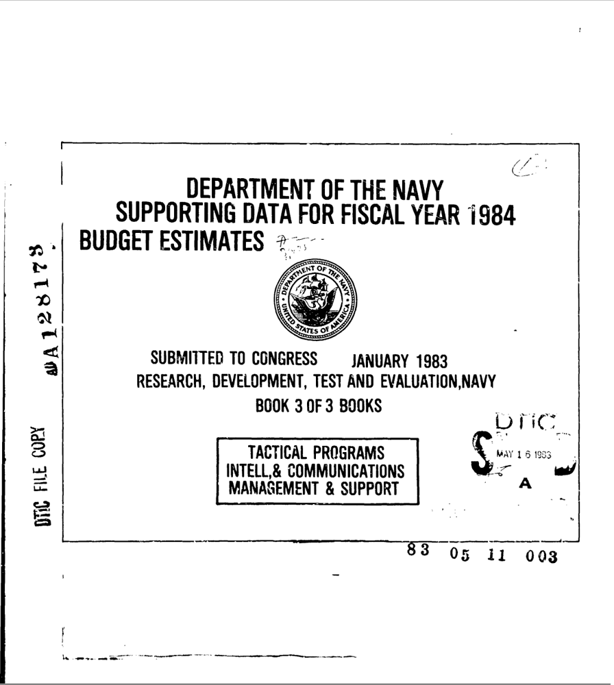 Department of the Navy Supporting Data for FY84 (ADA128173)