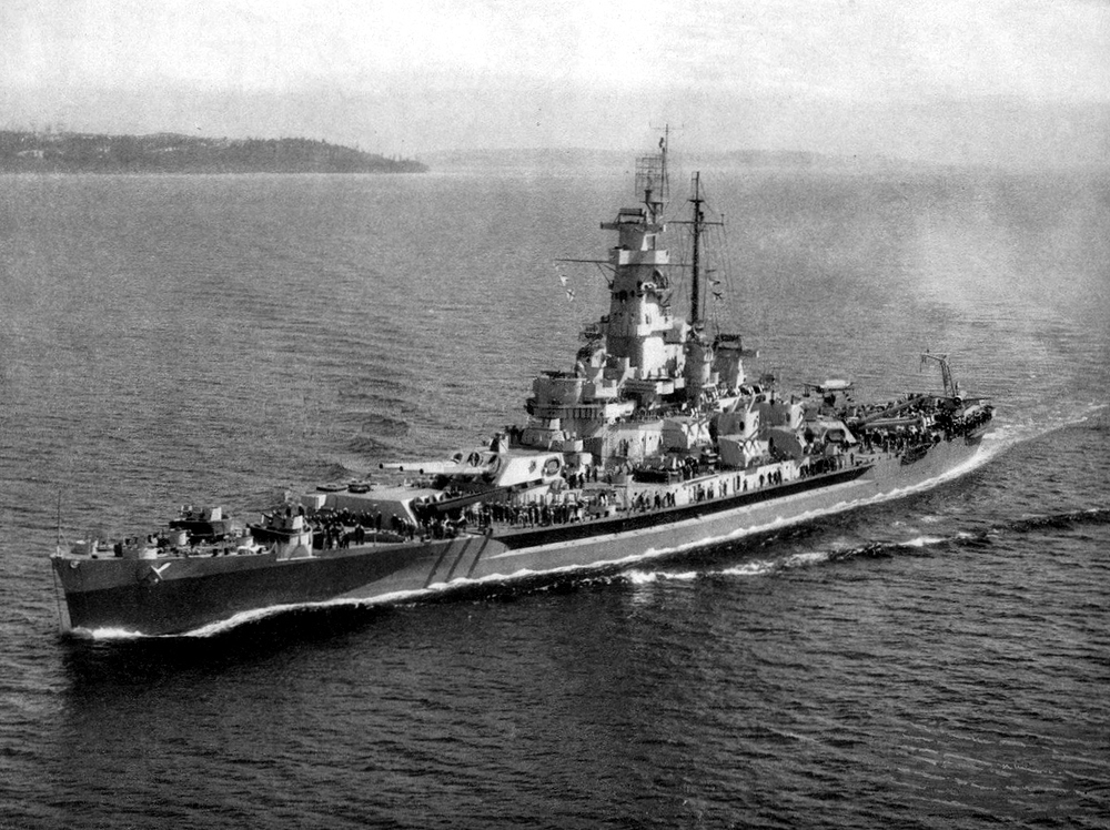 USS Massachusetts off the coast of Point Wilson, Washington, c. July 1944