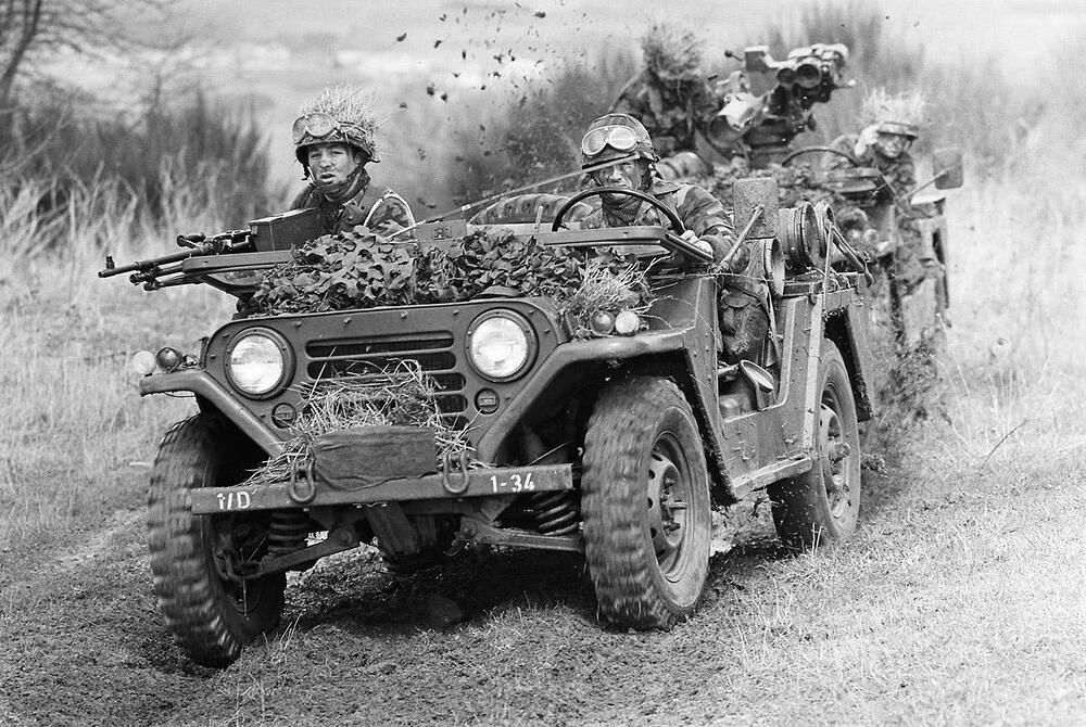 Luxembourg Army tank buster team from the Support & Reconnaissance Company operating M151 jeep mounted BGM-71 TOW missiles advance during a field exercise. Apart from Belgian