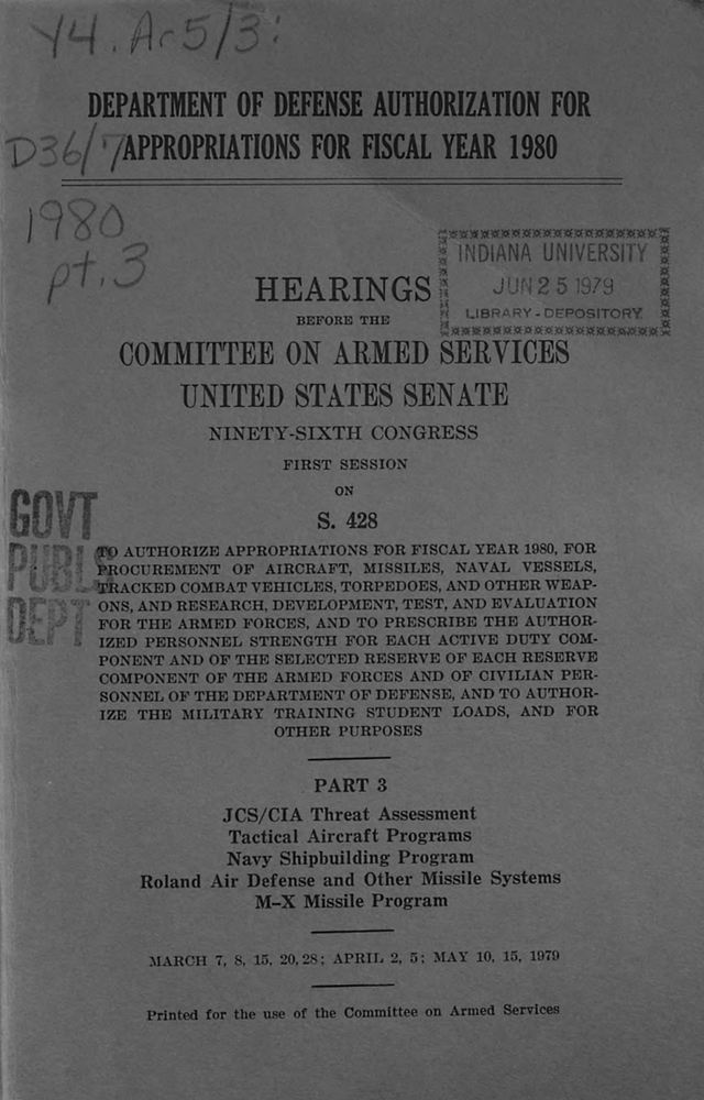 Hearings before the Committee on Armed Services for DOD Authorization for Appropriations for FY1980