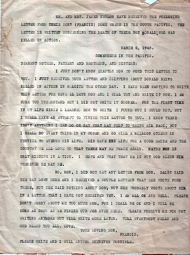 Letter to the family of D. Nelson