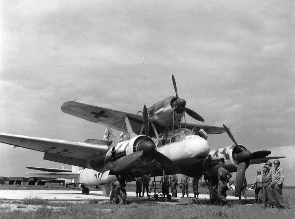 Ju_88-Fw_190_Mistel_composite_aircraft_at_Bernburg_(Saale),_Germany,circa_in_May_1945(342-FH-3A20006-72492AC)