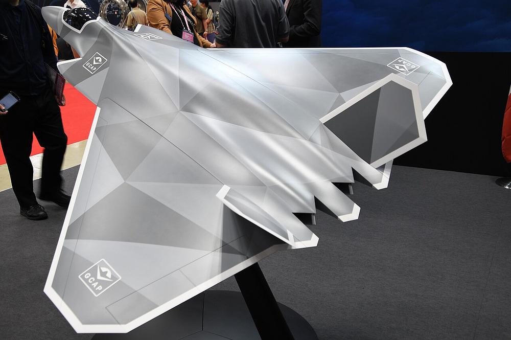 GCAP concept model (delta wing type) left rear top view in GCAP booth of JA2024 at Tokyo Big Sight 2024
