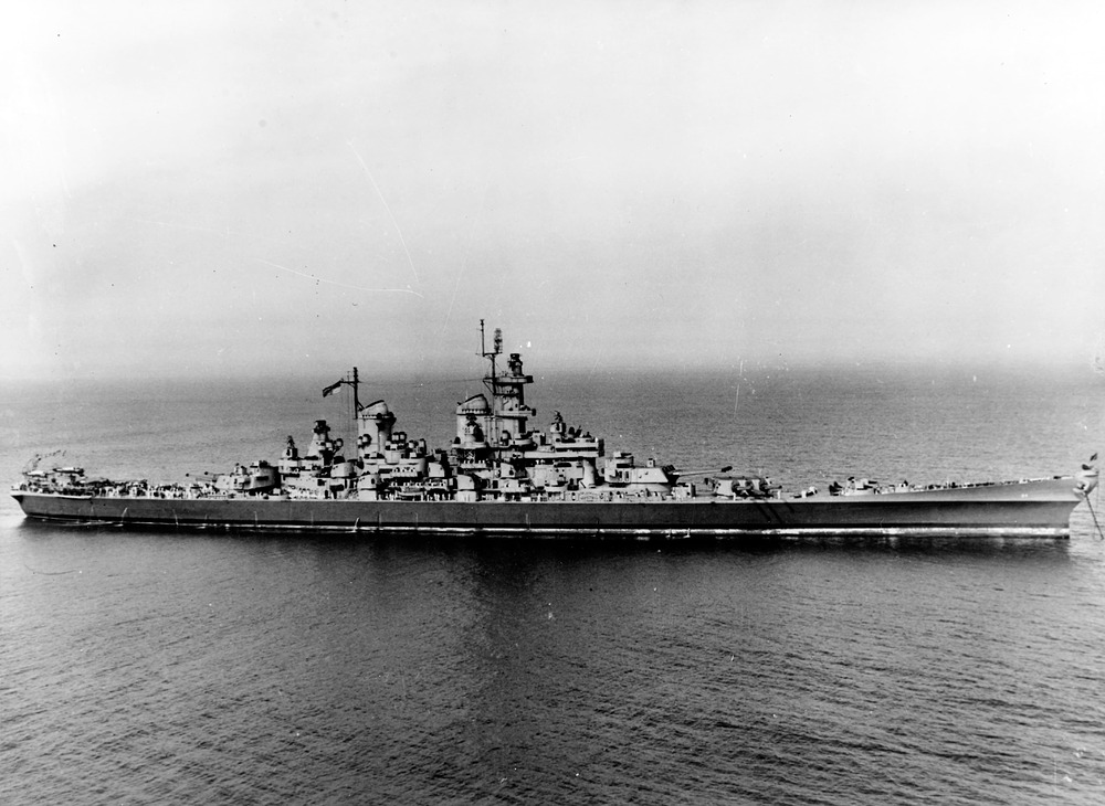 USS Wisconsin at anchor during her initial sea trials in mid-1944