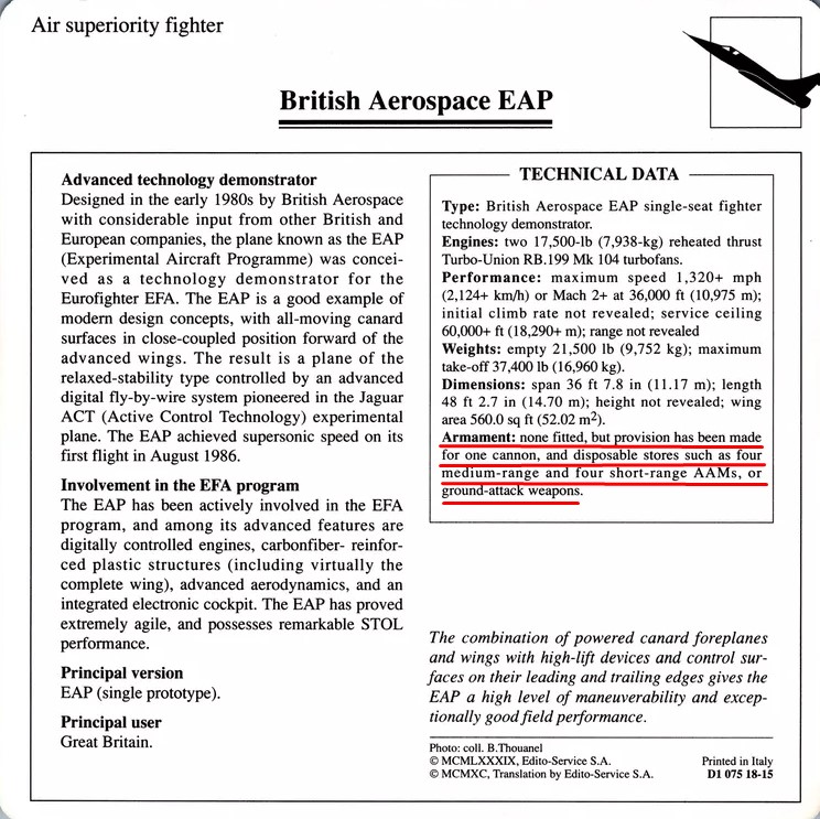 British Aerospace EAP - Warplane Information Card